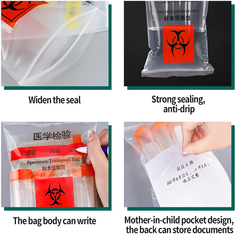 Medical ziplock kangaroo pouch plastic zipper bag zip lock lab transport biohazard specimen bags with pocket