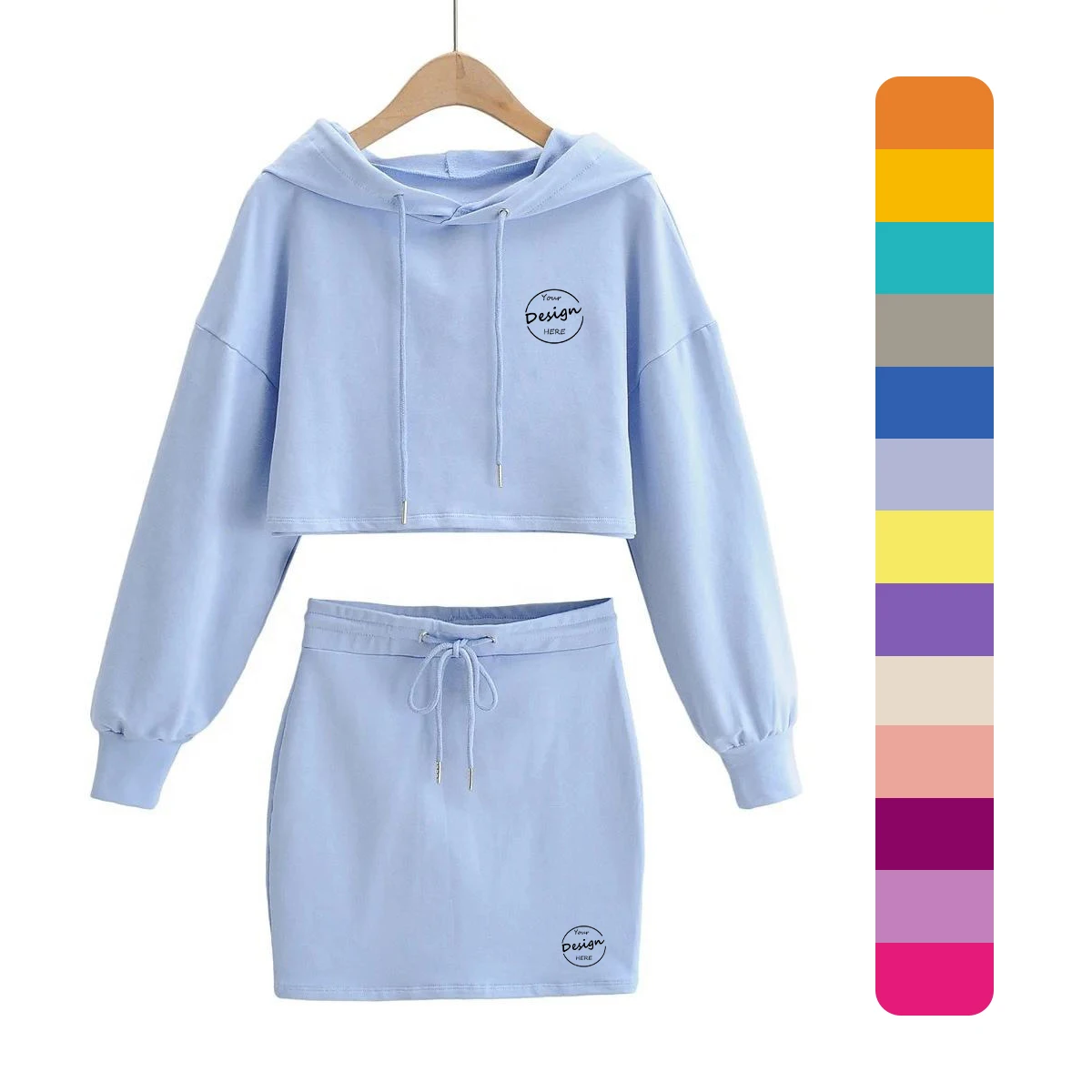 Spring Fashion Long Sleeve Crop Top Hoodie And Mini Skirts Set Two Piece Skirt Sets Women Outfits Casual Solid Color Dress Set