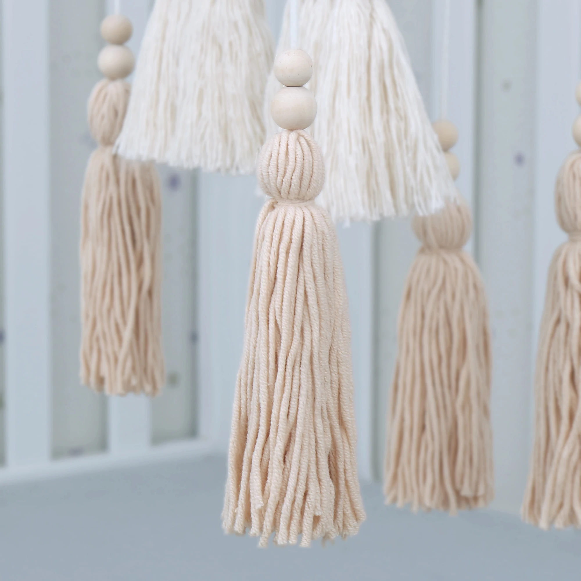 Handmade Woven Rainbow Wooden Multi Color Safe Baby Toy Ornaments Crib Pendant With Tassel For Baby Bed Decoration