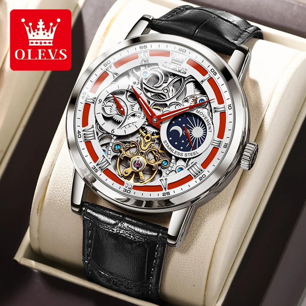 OLEVS 6670 Newest Men Watch 2022 Luxury Leather Automatic Mechanical Tourbillon Skeleton Watch