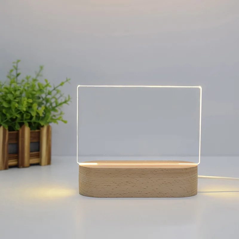 DIY  Oval Round 3D Led Night Light Erasable Clear Blank Acrylic Board with Wood Table Stand Holder Wooden Lamp Base