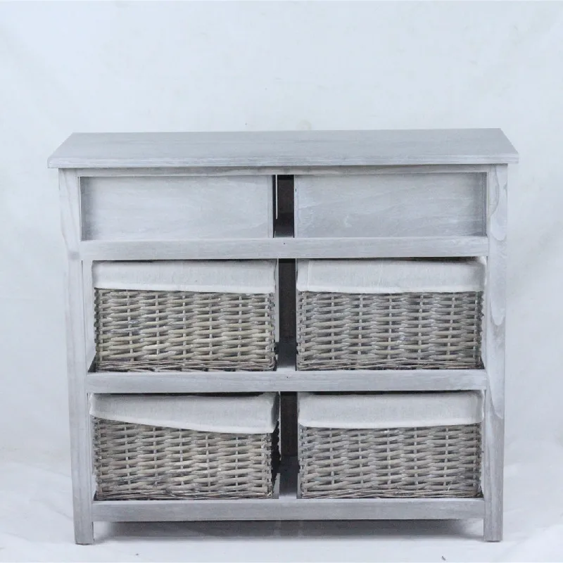 Vintage Grey Range - Two Drawer and Four Wicker Basket Storage Unit