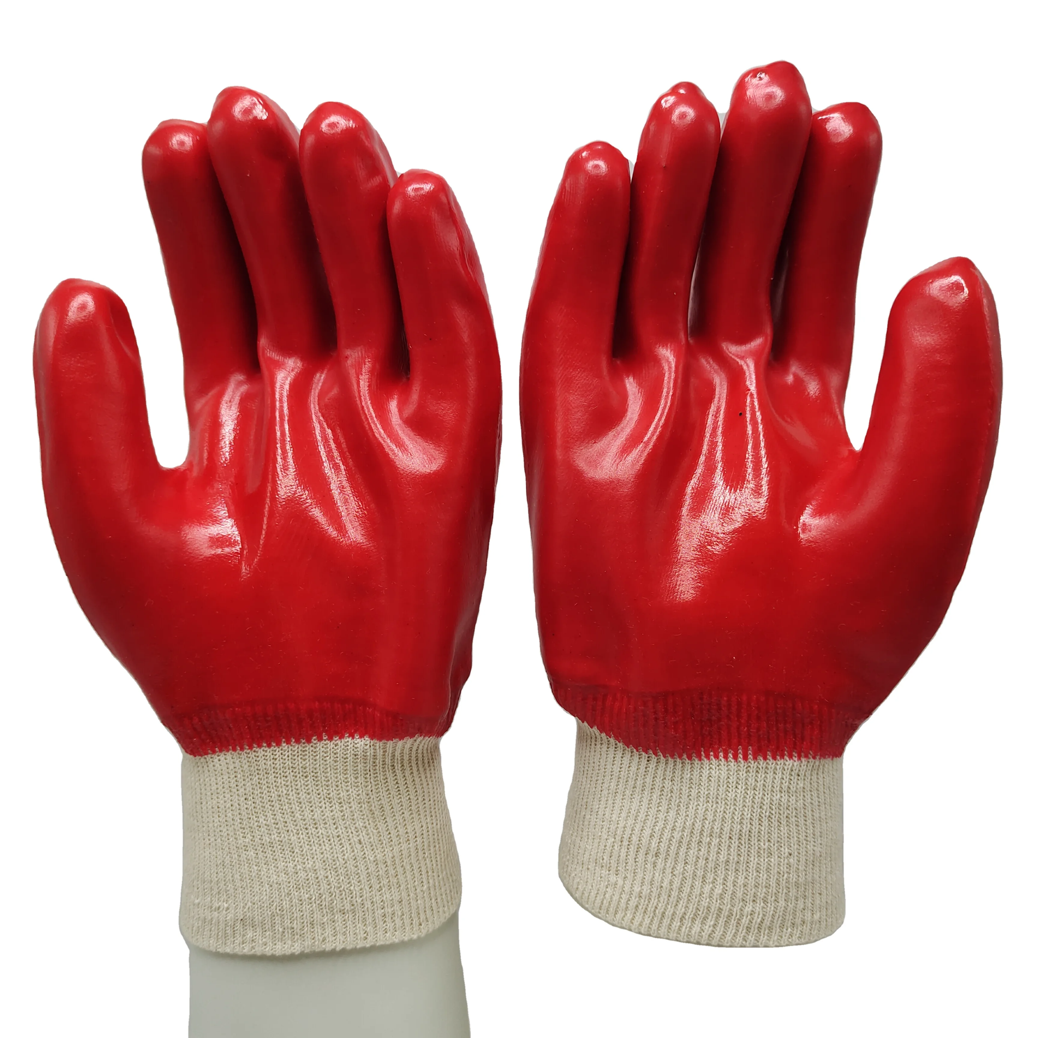 oil resistance red PVC gloves with knit wrist for oil industry for sale