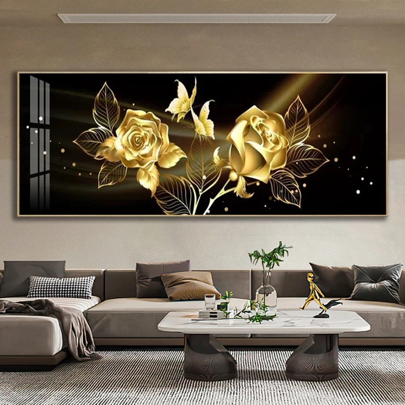 Black gold rose butterfly abstract wall art canvas painting crystal porcelain painting bedroom decoration hanging painting