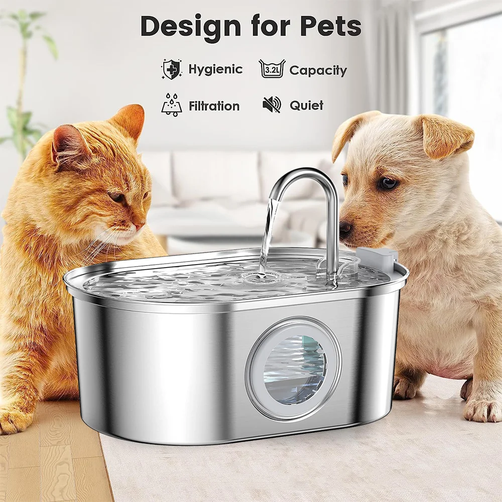 Stainless steel pet water dispenser with big eyes window cat faucet water feeder factory direct sale pet gift set