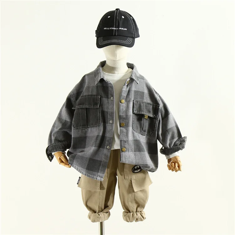 
2021 Spring Children Clothing Boys Clothes Plaid Shirt Hooded Plus Fleece Baby Jacket Toddler Coats Wholesale 