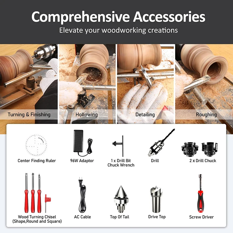 WM101A-Plus Mini Wood Lathe Machine  DIY Woodworking Small Benchtop Lathe with Wood Turning Lathe Tools Kits