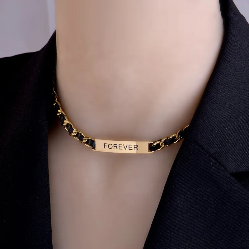 14k Gold Plated Stainless Steel 316L Leather Link Necklace French Retro Vintage Ladies Cuban Chain Choker Necklace