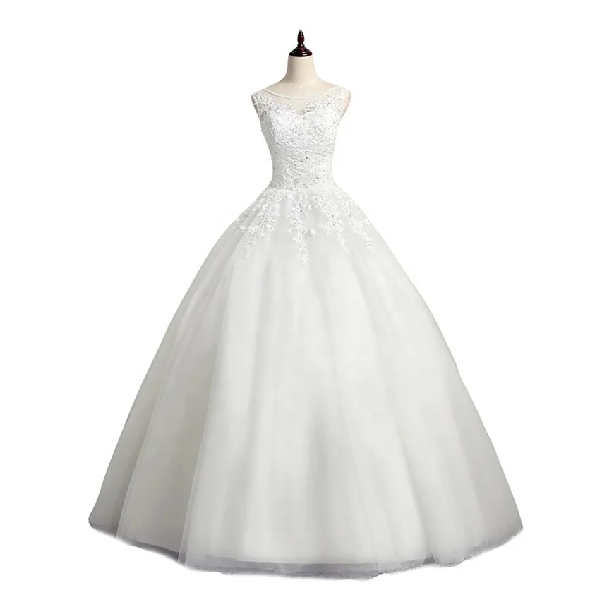 Real Photos A-line Sleeveless Wedding Dresses Simple Lace Appliqued Bridal Gowns