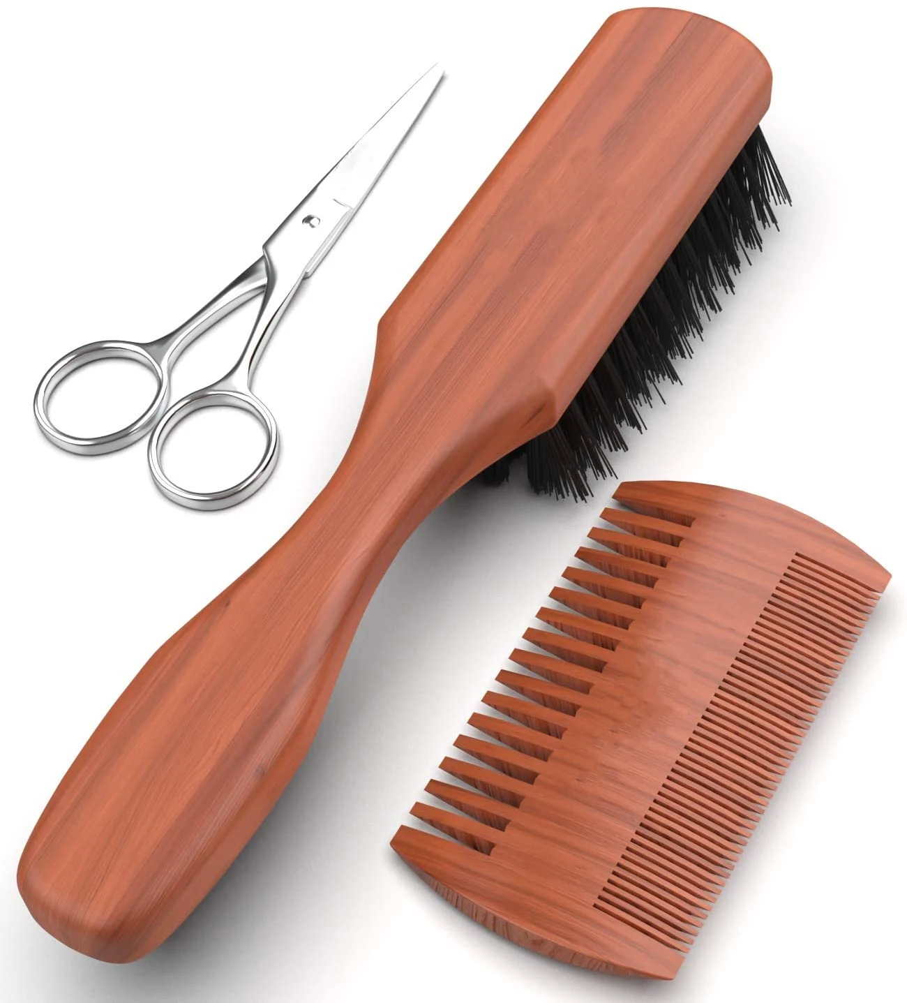 Beard Brush 100% Pure Firm Boar Bristles Comb & Mustache Trimming Scissors set beard grooming kit for men
