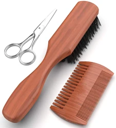 Beard Brush 100% Pure Firm Boar Bristles Comb & Mustache Trimming Scissors set beard grooming kit for men