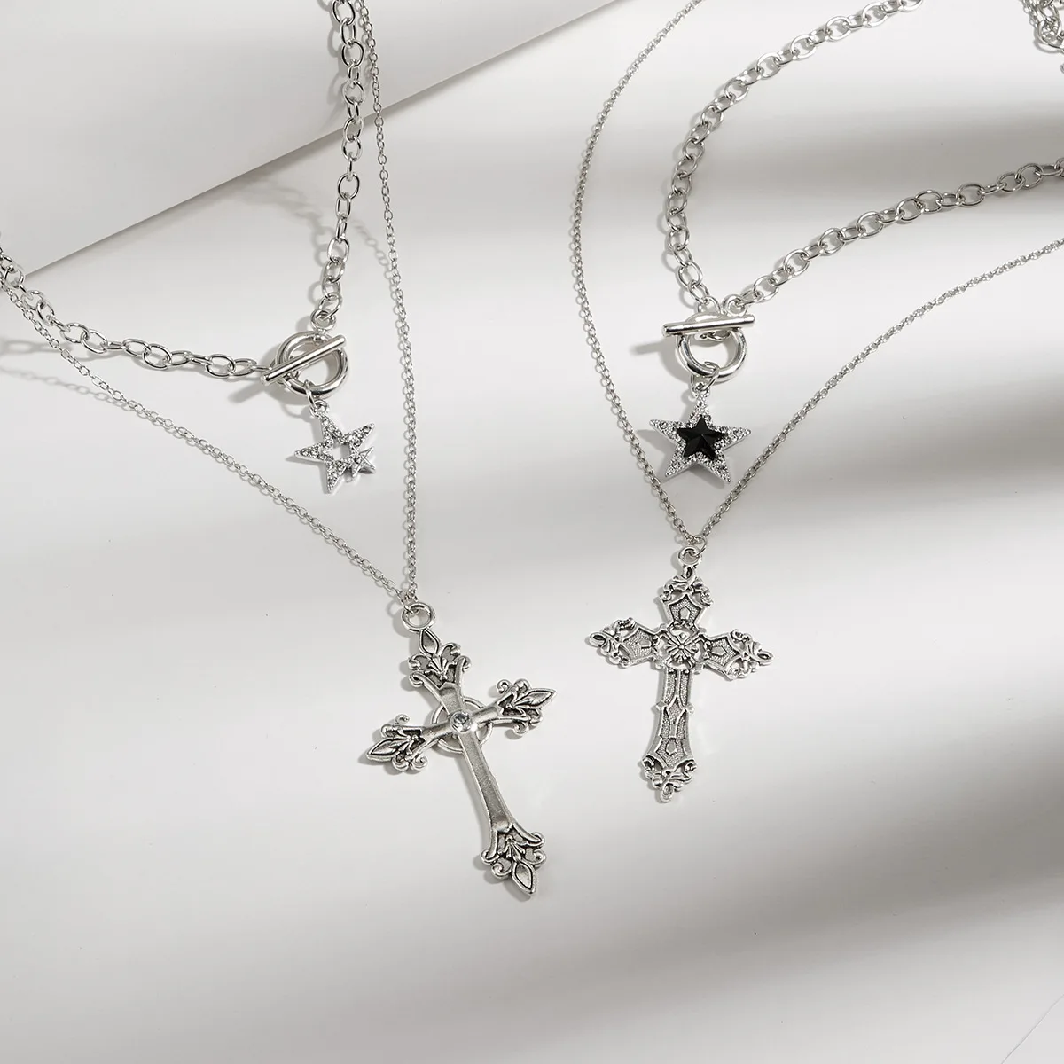 Gothic Hip-hop Star Cross Necklaces for Women Vintage Double Layer Chain Necklace Jewelry Accessories