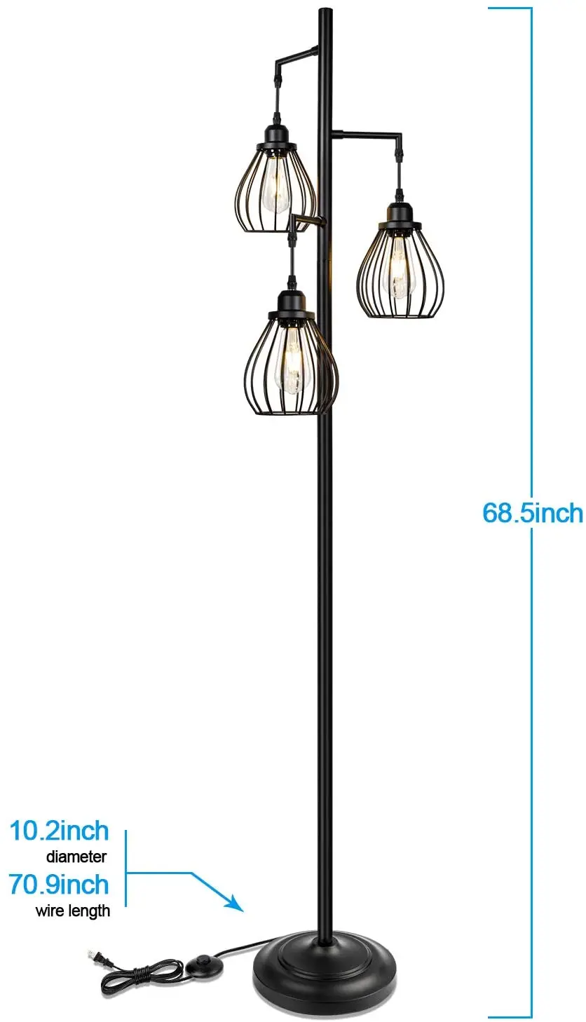 Tree Floor Lamp with 3 Elegant Teardrop Cage Head ST58 Edison LED Bulbs Sturdy Base Tall Vintage Pole Light Great for Farmhouse