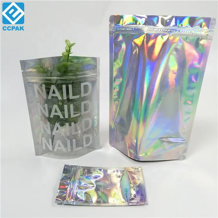 Doy pack hologram pouches transparent clear front logo white printing OEM nail polish packaging bags