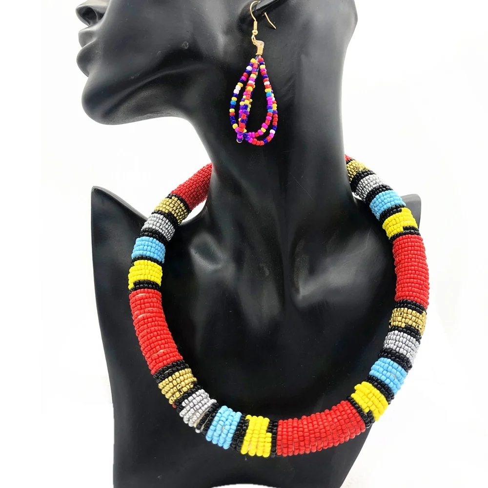 New Design Beaded Necklace Long Hoop Earrings Multi-layer Rice Tribal African Beads Choker Necklace Jewelry Sets For Women