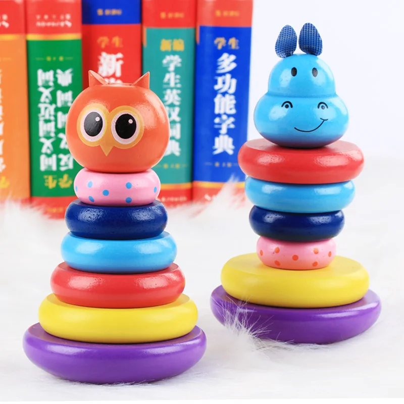 Shape Color Recognition Wooden Tumbler Rainbow Tower Wooden Rainbow Stacker