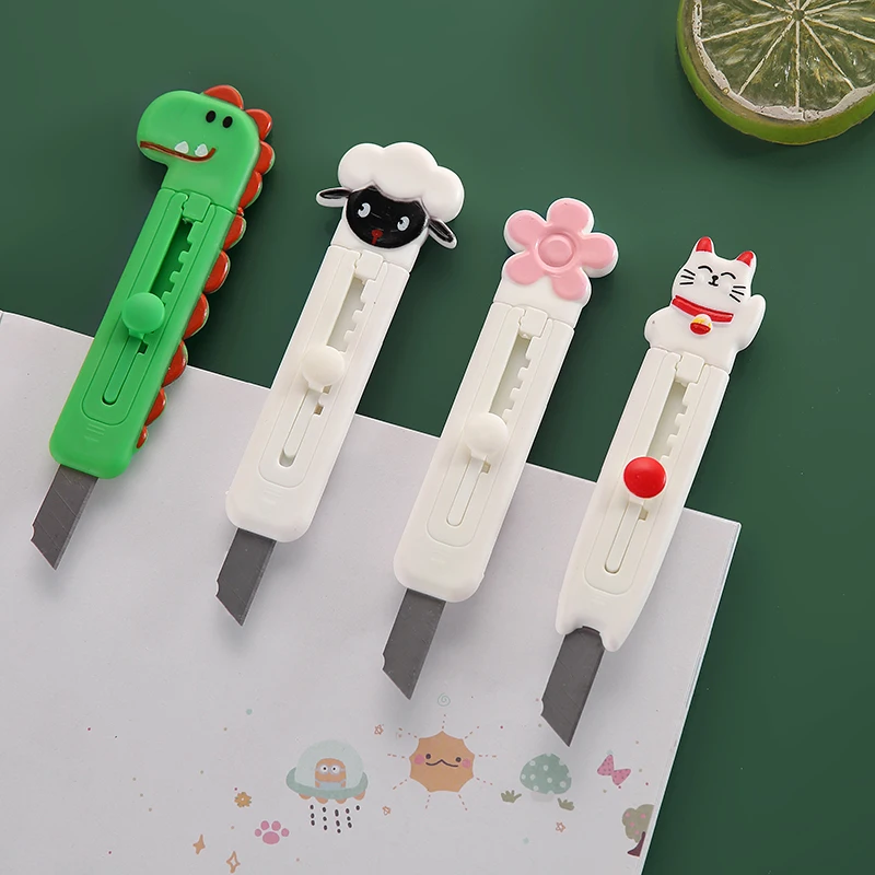 Cute Dinosa/Cat Mini Utility Knife Box Cutter Retractable Wrapping Paper Cutter Portable Paper Knife Student Art Knife