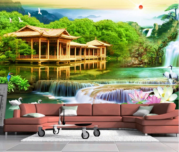 Popular mountain landscape interior 3d wallpaper waterfall wooden house adhesive 3d wallpaper