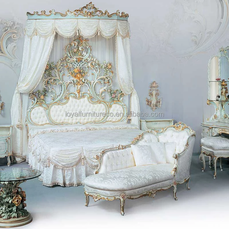 Retro Vintage French Style Wood Carving Handpainted Blue and White Tufted Headboard King Bed Luxury Bedroom Furniture Set