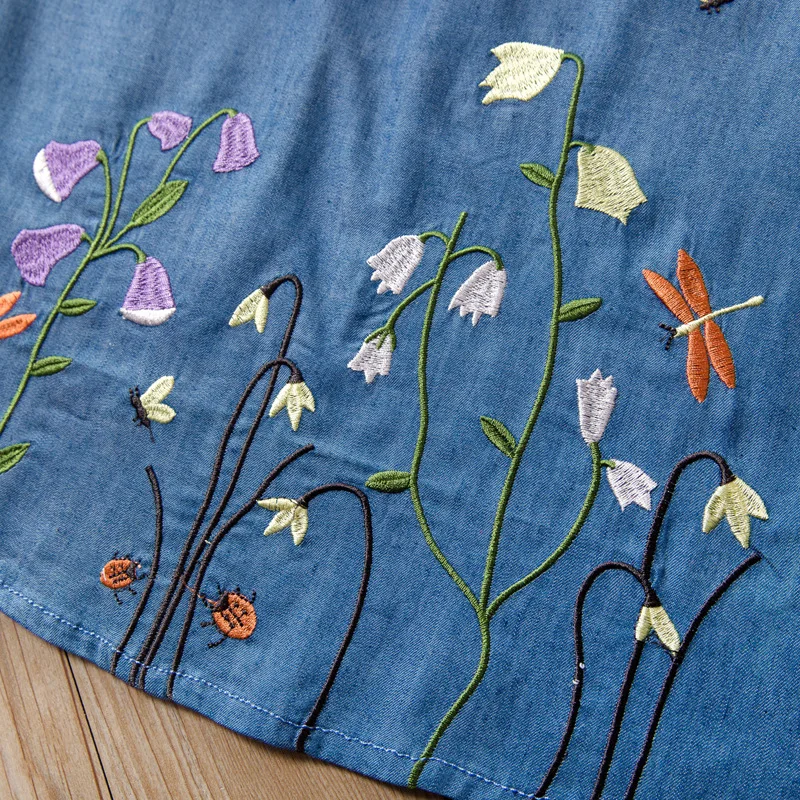 2022 European and American dragonfly embroidery girls denim dress