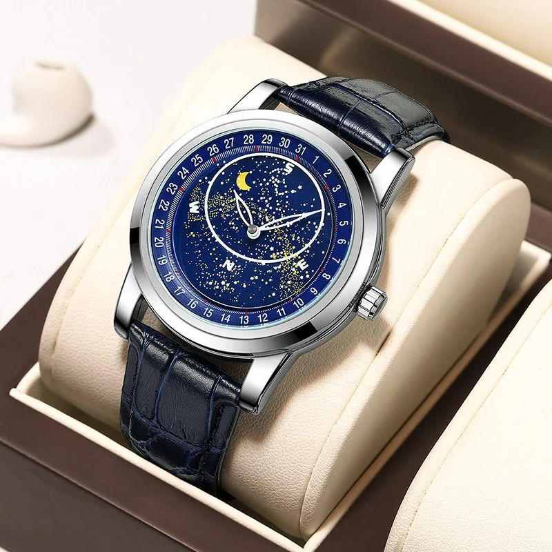 Full Blue Rotate And Luminous Starry Sky Gypsophila Second Dial dial Stainless Steel Butterfly Buckle Automatic Mechanical Watch