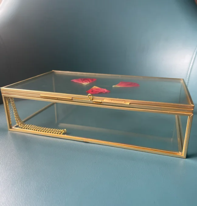 Лидер продаж оптовая продажа домашний декор большой золотой дисплей роскошная упаковочная стеклянная коробка для свадебных фотографий сушеные цветы двухсторонние крышки