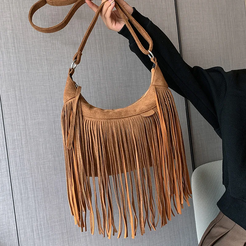 2023 Bohemian Vintage Women Tassel Hobo Shoulder Bag Purses Trendy Suede Leather Fringed Crossbody Bags