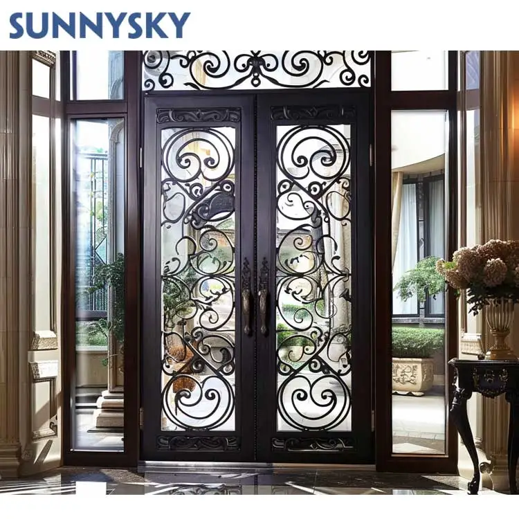 Дизайн Sunnysky американские двойные наружные стеклянные арочные входные двери из кованого железа