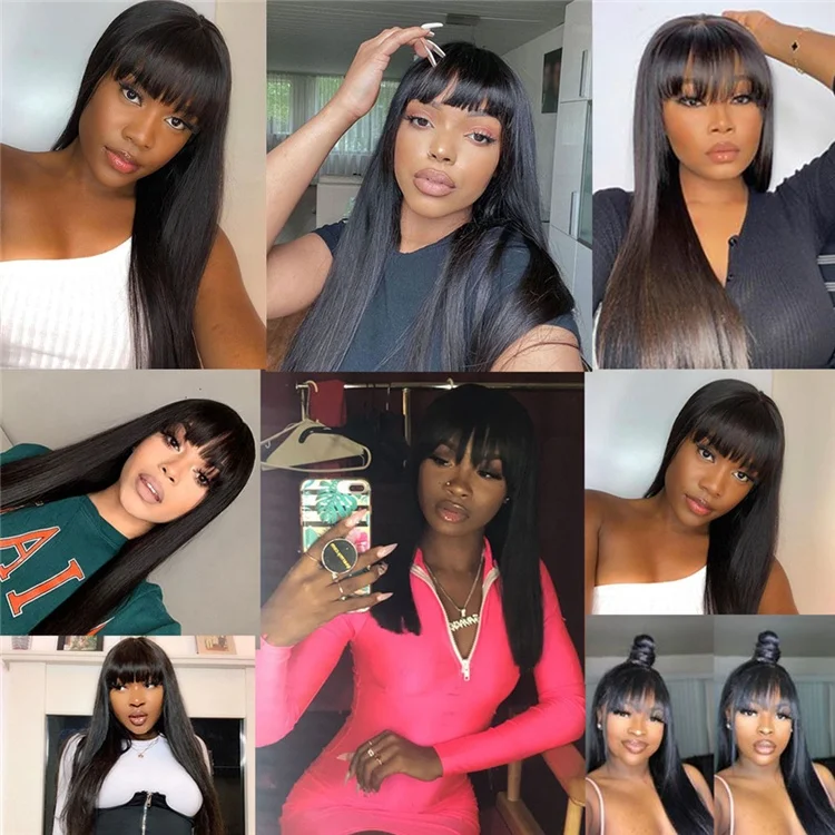Cuticle Aligned Bangs Virgin Hair Wig Vendor Silky Straight Fringe Wig Human Hair Remy Brazilian Hair Wigs for Black Women