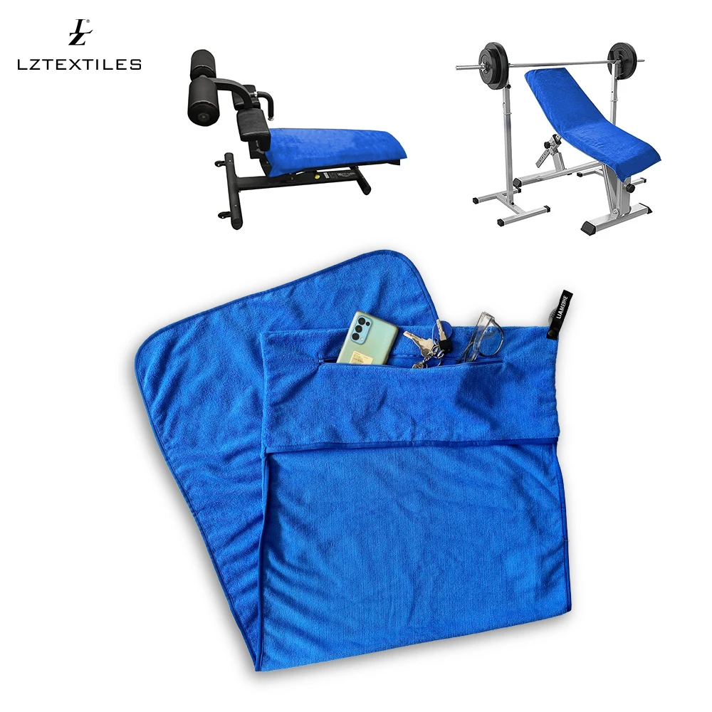 Longzhou OEM Microfiber Sports Gym Fitness Towel With Zipper Pocket Bench  custom logo  sweat towel high absorbing for gym