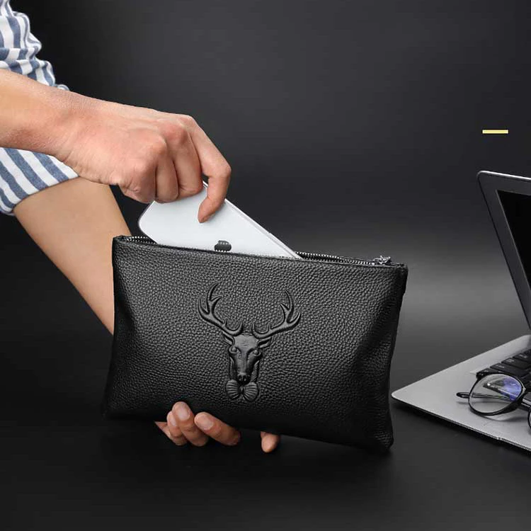 Wholesale Business Style Genuine Leather Clutch Bag For Men Fashion Embossing Eagle Black Envelope Clutch Hand Bag For Men