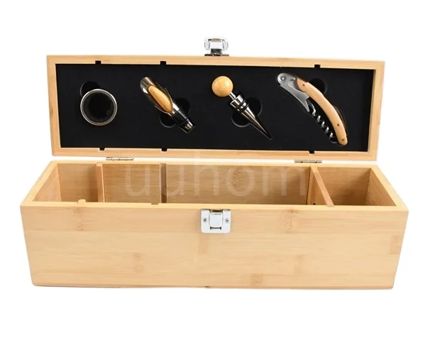 4pcs Wooden Wine Opener Gift Set, Single Bottle Bamboo Wine Box with Wine Corkscrew, Stopper, Wine Pourer & Wine Collar