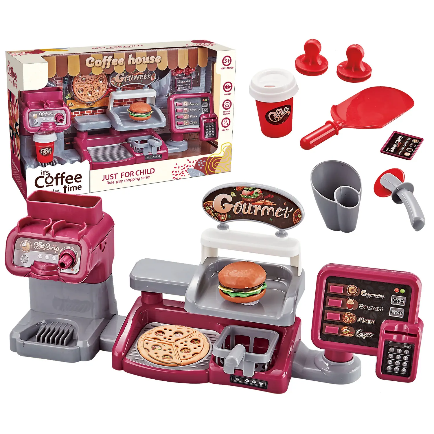 Kids Play Fun Pizza Burger Restaurant Store Coffee Maker Shop Toy Set with Cash Register, Checkout Cooking Game