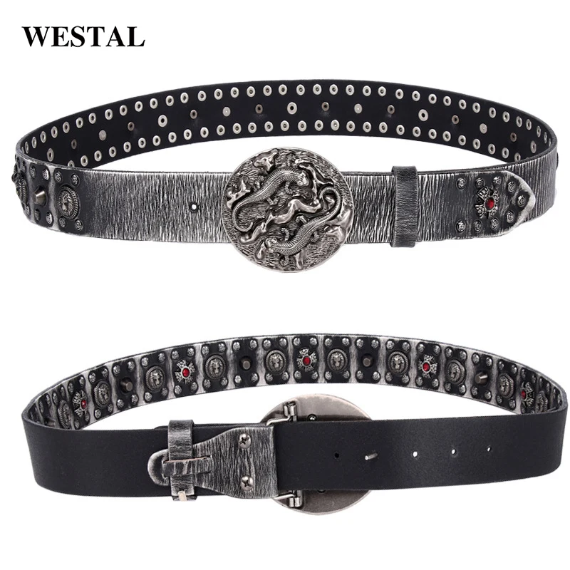 Westal Trend Punk Style Mens Belts Genuine Leather Womens Leather Belts Western Alloy Buckle Leather Belt