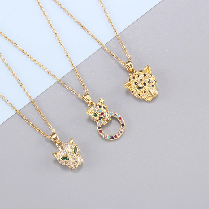 Fashion Personality Hip Hop Punk Brass 18k Gold Plated Full Colorful Cubic Zircon Panther Pendant Necklace Jewelry For Women