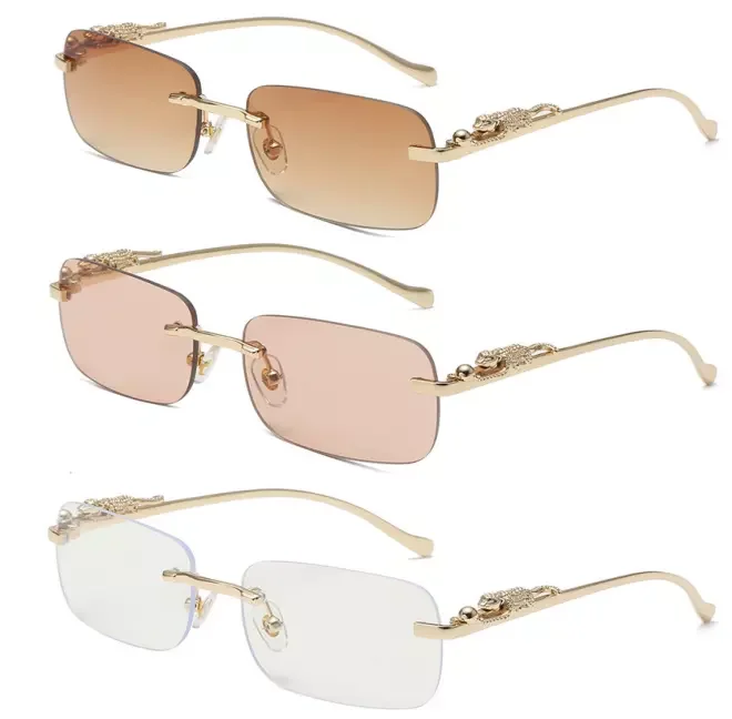 Luxury Classic Retro Frame Metal Shades Eyewear Women Men Panther Leopard Head Glasses Small Rectangle Rimless Sunglasses