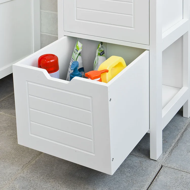 Household Slim Bathroom Storage Rack Organize Corner MDF Narrow Floor Cabinet with 2 Drawers 3 Open Shelves for Living Room