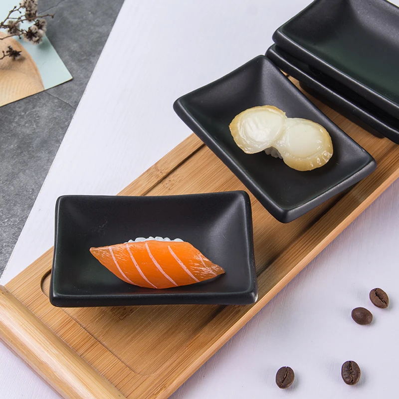 Japanese Style Tiktok Matte Black Rectangle Small Snack Dish Porcelain Sushi Plate Ceramic Black With Bamboo Tray