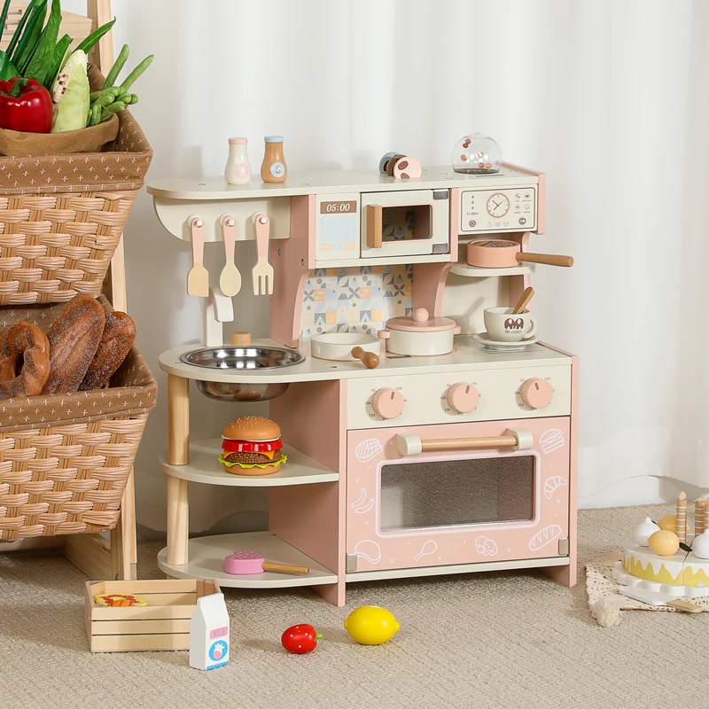 Cute Pink Wooden Kids Play Kitchen Play Set Chef Pretend Play Set With Coffee Machine Oven Microwave Oven Cookware Accessories