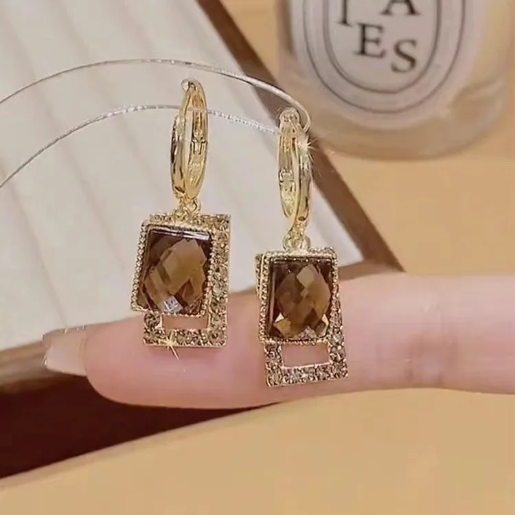 Fashion Maillard retro series light luxury super flash girl style geometric Square zircon Hoop Earrings fashion Jewelry Women