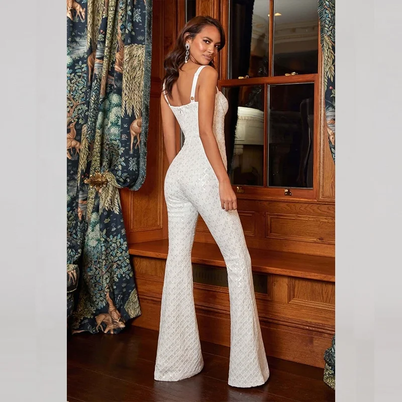 Fitted Jumpsuit with Flared Trousers Structured/corseted Style Metal Boning Underwire Bra Cup White Velvet Sequin