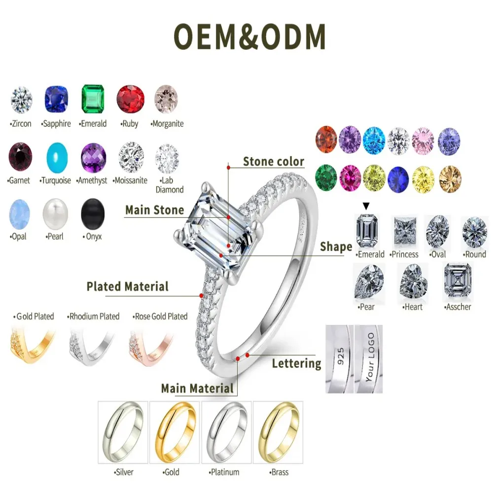 Wholesale customization Silver Jewelry 925 Sterling Silver white gold plated Rectangular cut zircon 925 Silver Rings for women