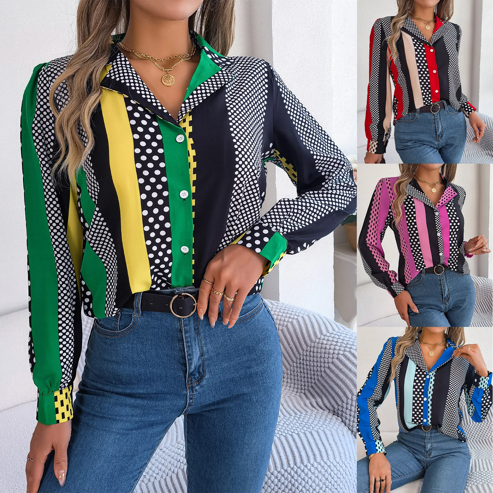 Autumn Casual All-match Contrast Polka Dots Tailored Collar Long Sleeve Shirt