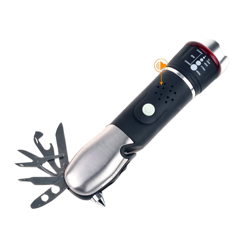 LED Zoom Focus Battery Safety Hammer Seat Belt Cutter Car Emergency Self Defensive Tactical Tool Alarm Flashlight AAA 173g