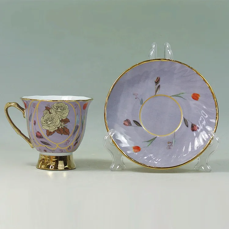 Turkish party vintage coffee tea cup set banquet gold rim floral tea cup and saucer custom
