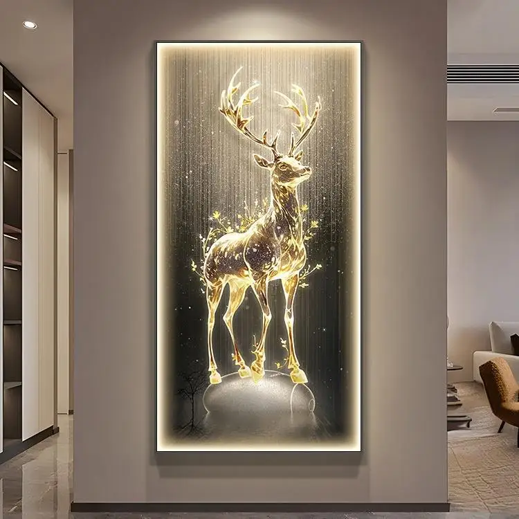 Modern decoration luxury custom led light animal deer artwork led crystal porcelain painting wall art
