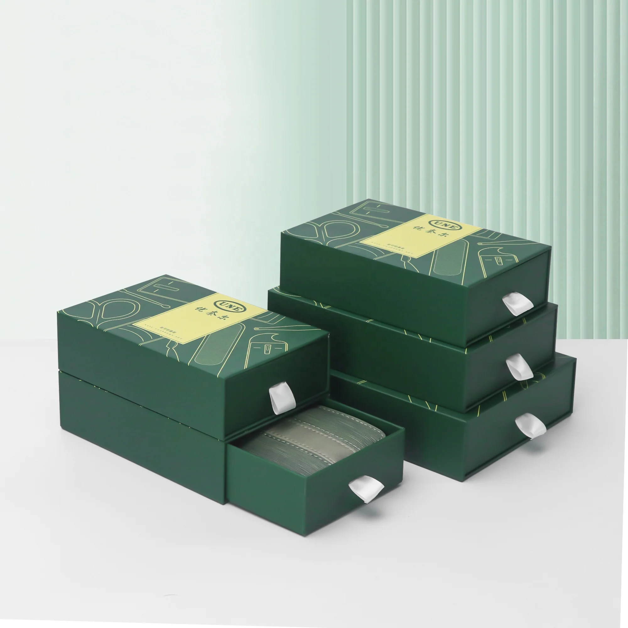 Custom Slide Out Drawer Packaging Green Square Cardboard Wallet Box For Wallet Packing