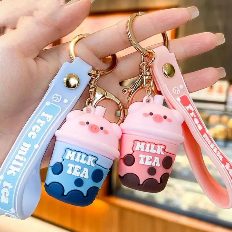 Cartoon 3D Pig Milk Tea Mobile Phone Straps Hand Bag Pendant KeyRing Kawaii Boba Tea Cup Key Chain New Boba Bear Rubber Keychain