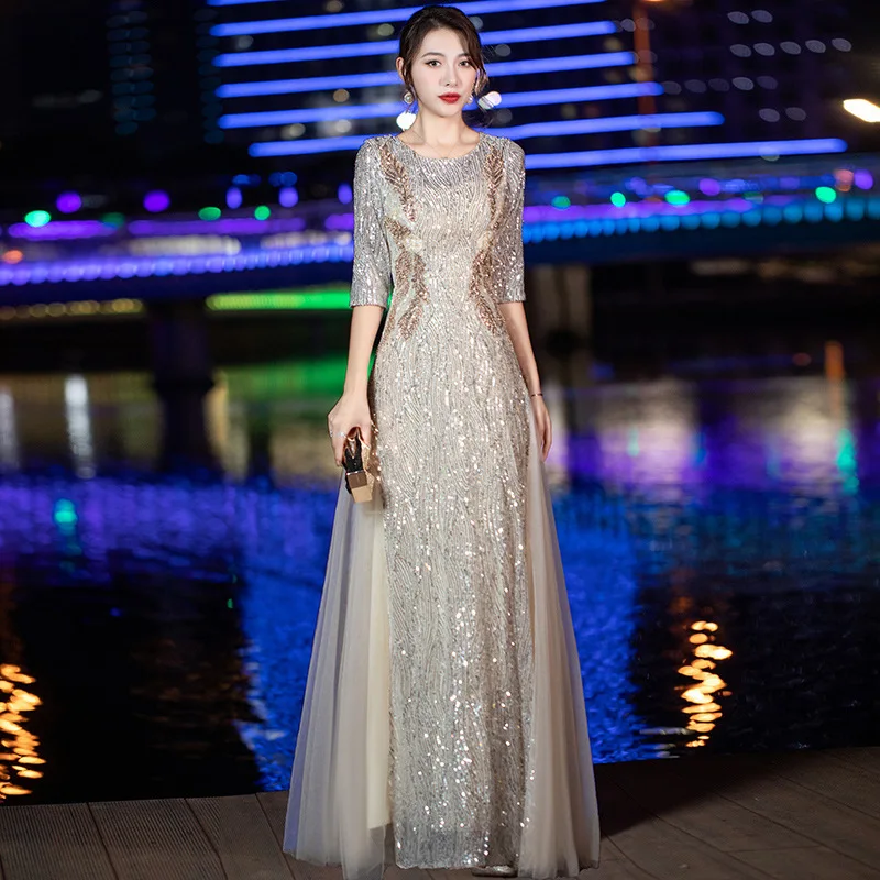 Sequined Formal Evening Gown Wedding Party Dress Birthday Outfit Women