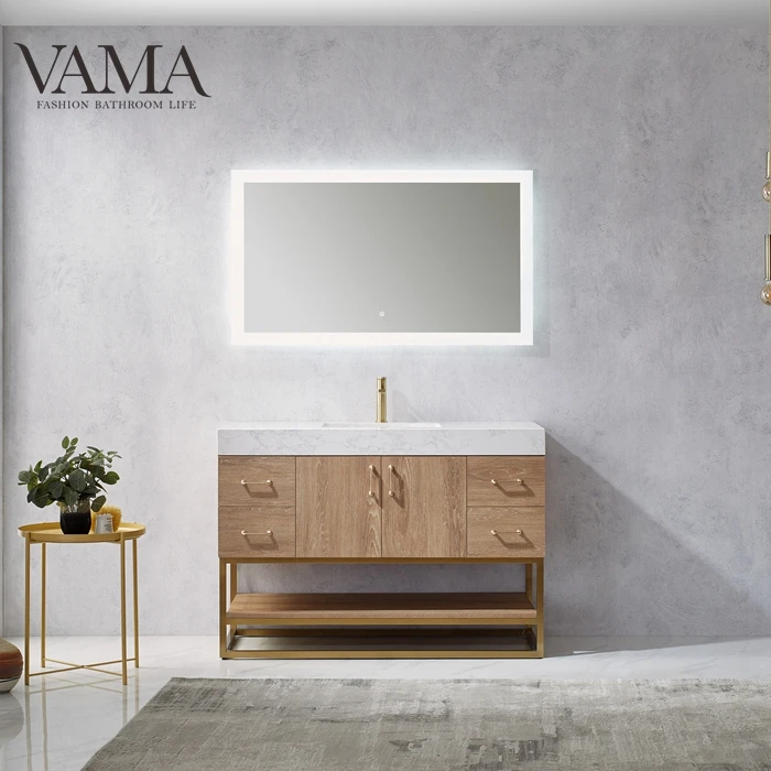 VAMA 48 дюймов mid century современный деревянный туалетный столик набор с золотым металлом и фундаментом нержавеющей стали